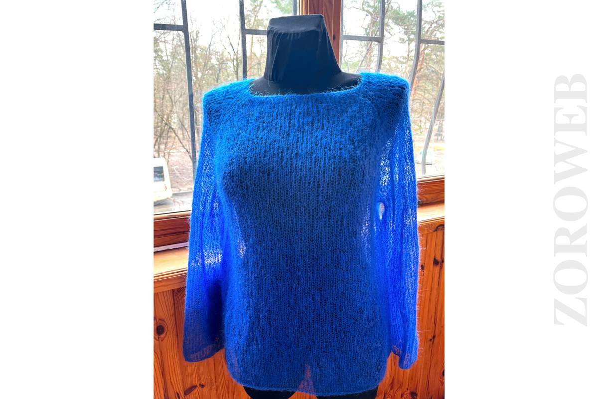 Women Hand Knit Cornflower Blue Jumper Mesh Kid Mohair Wool Loose Fit Sweater