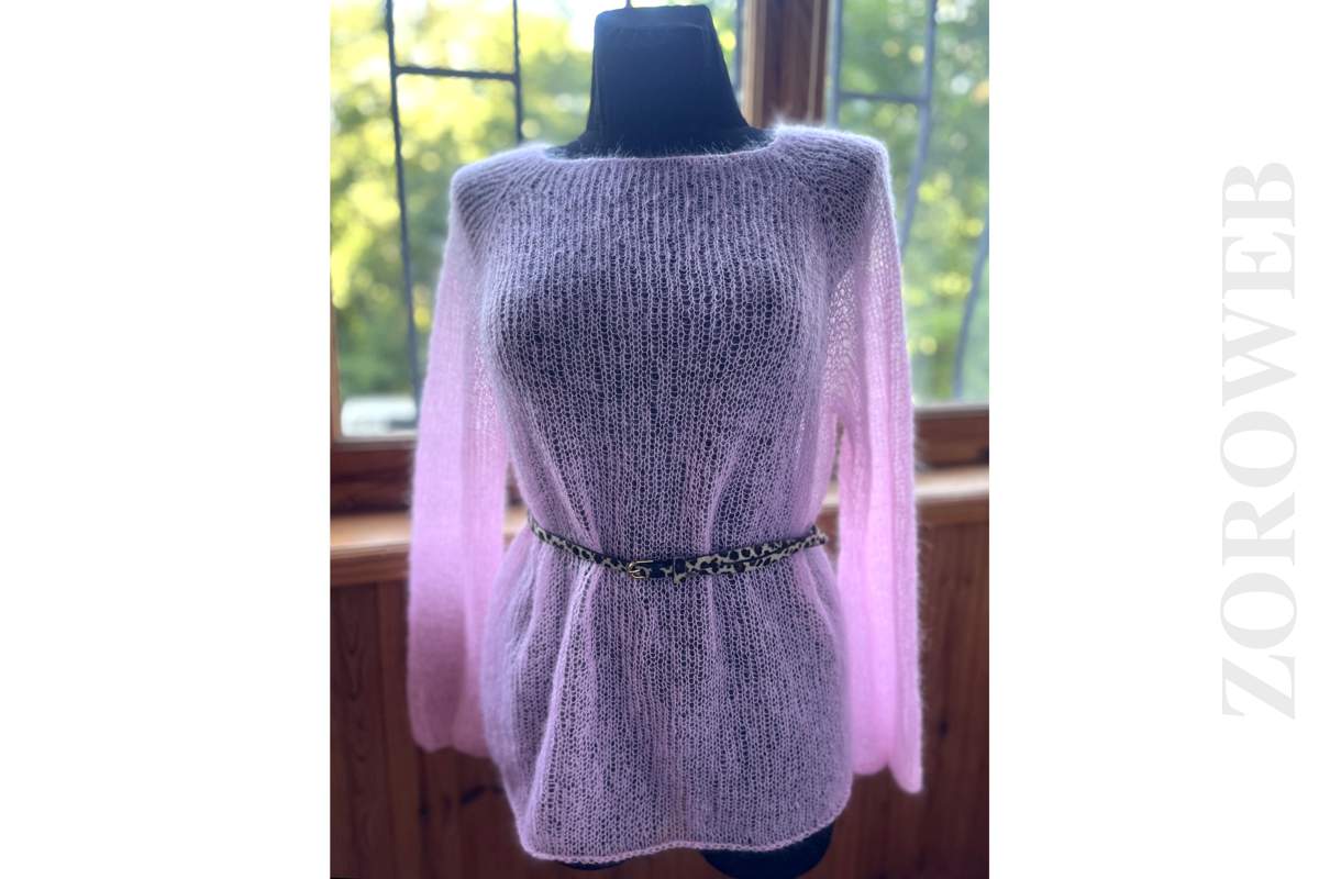 Women Jumper Pink Fuzzy Kid Mohair Transparent Mesh Sweater Hand 